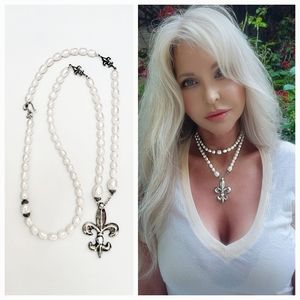 Sterling Silver Large Fleur-de-lis and Pearl Wrap Necklace